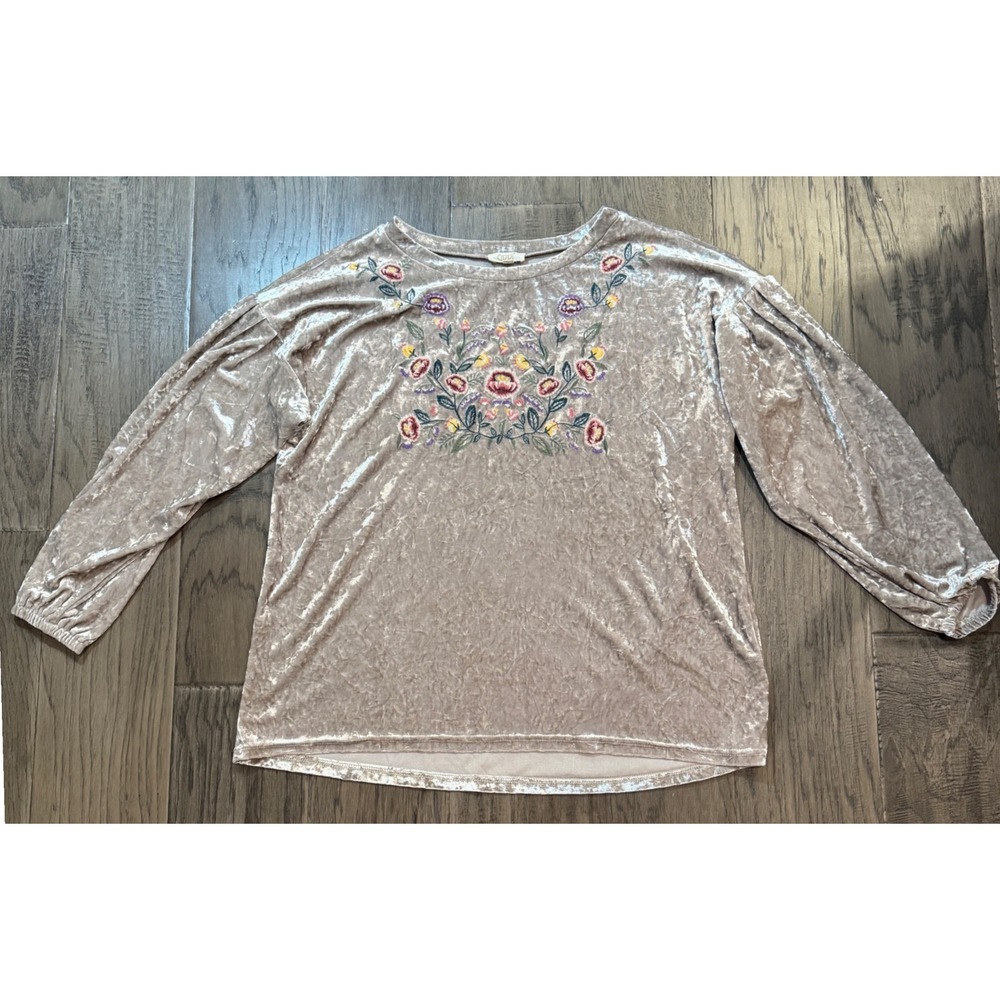 ODDI Womens Velvet Top Floral Embroidered Long Sleeve Blouse Size S
